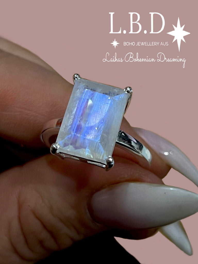 Laihas Miraculous Emerald Cut Crystal Moonstone Ring Gemstone Sterling Silver Ring Laihas Bohemian Dreaming -L.B.D