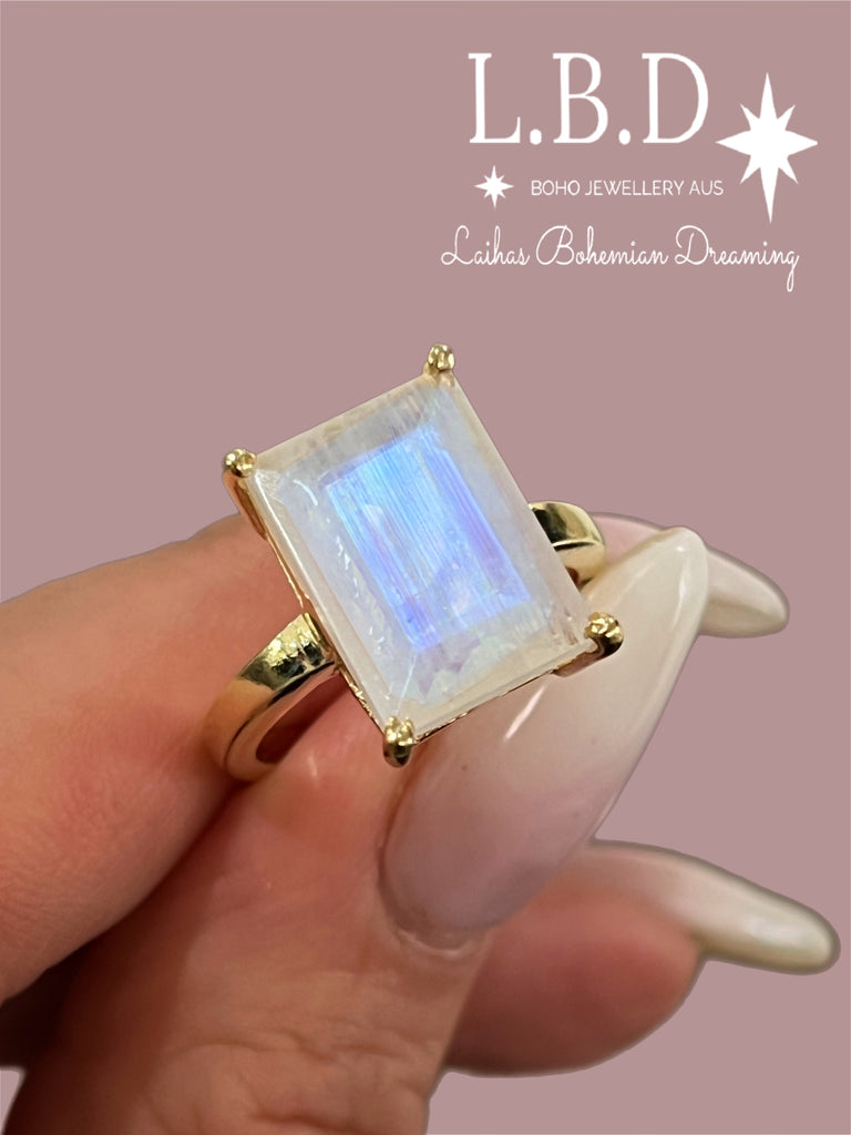 Laihas Miraculous Emerald Cut Crystal Gold Moonstone Ring Gemstone Gold Ring Laihas Bohemian Dreaming -L.B.D
