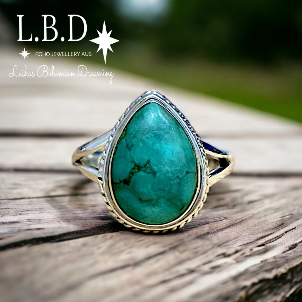 Turquoise Ring- Laihas Twisted Raindrop Gemstone Sterling Silver Ring Laihas Bohemian Dreaming -L.B.D