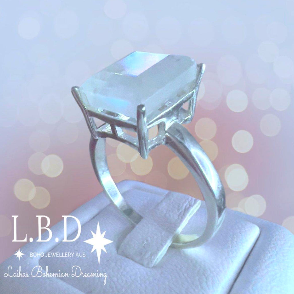 Laihas Miraculous Emerald Cut Crystal Moonstone Ring Gemstone Sterling Silver Ring Laihas Bohemian Dreaming -L.B.D