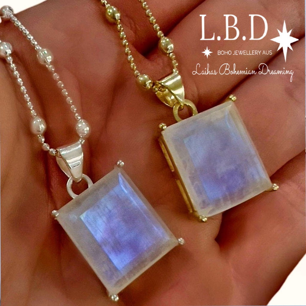Laihas Miraculous Emerald Cut Moonstone Necklace Gemstone Sterling Silver necklace Laihas Bohemian Dreaming -L.B.D