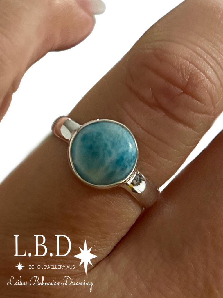Laihas Casual Summer Larimar Ring- 10mm Round Gemstone Sterling Silver Ring Laihas Bohemian Dreaming -L.B.D