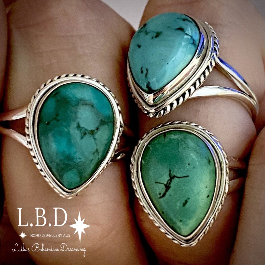 Turquoise Ring- Laihas Twisted Raindrop Gemstone Sterling Silver Ring Laihas Bohemian Dreaming -L.B.D