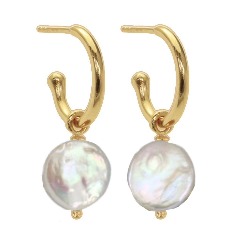 Laihas Classic Drop Button Gold Pearl Hoop Earrings Gold Gemstone earrings Laihas Bohemian Dreaming -L.B.D