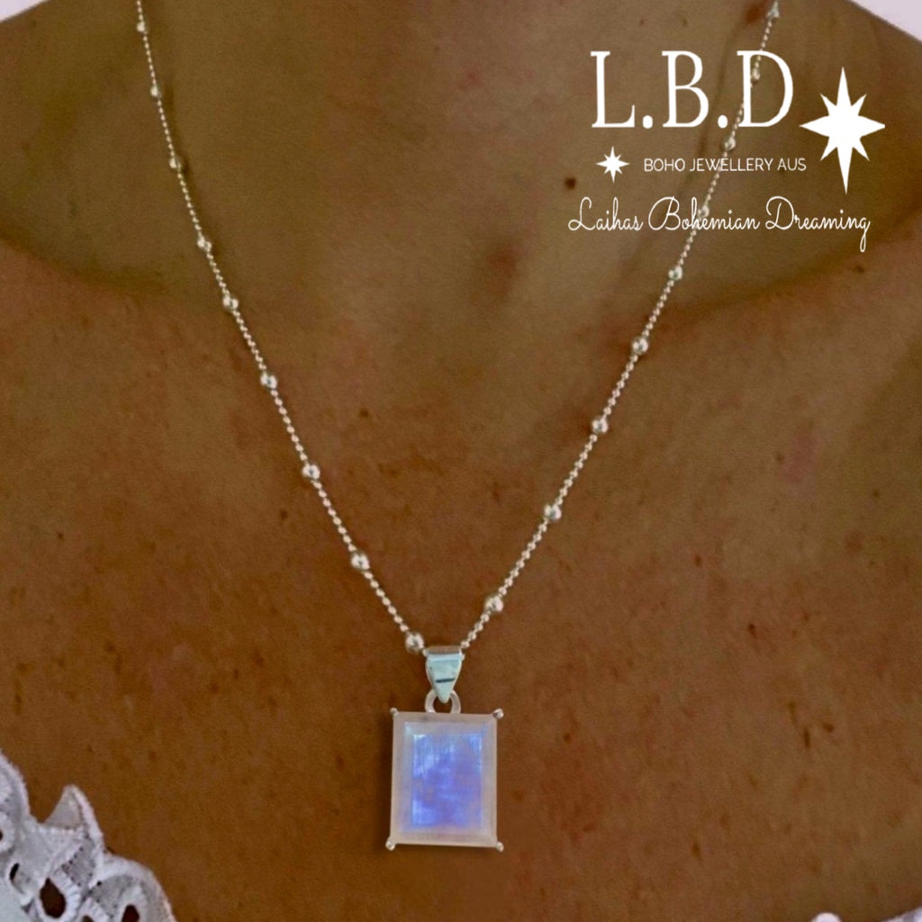 Laihas Miraculous Emerald Cut Moonstone Necklace Gemstone Sterling Silver necklace Laihas Bohemian Dreaming -L.B.D