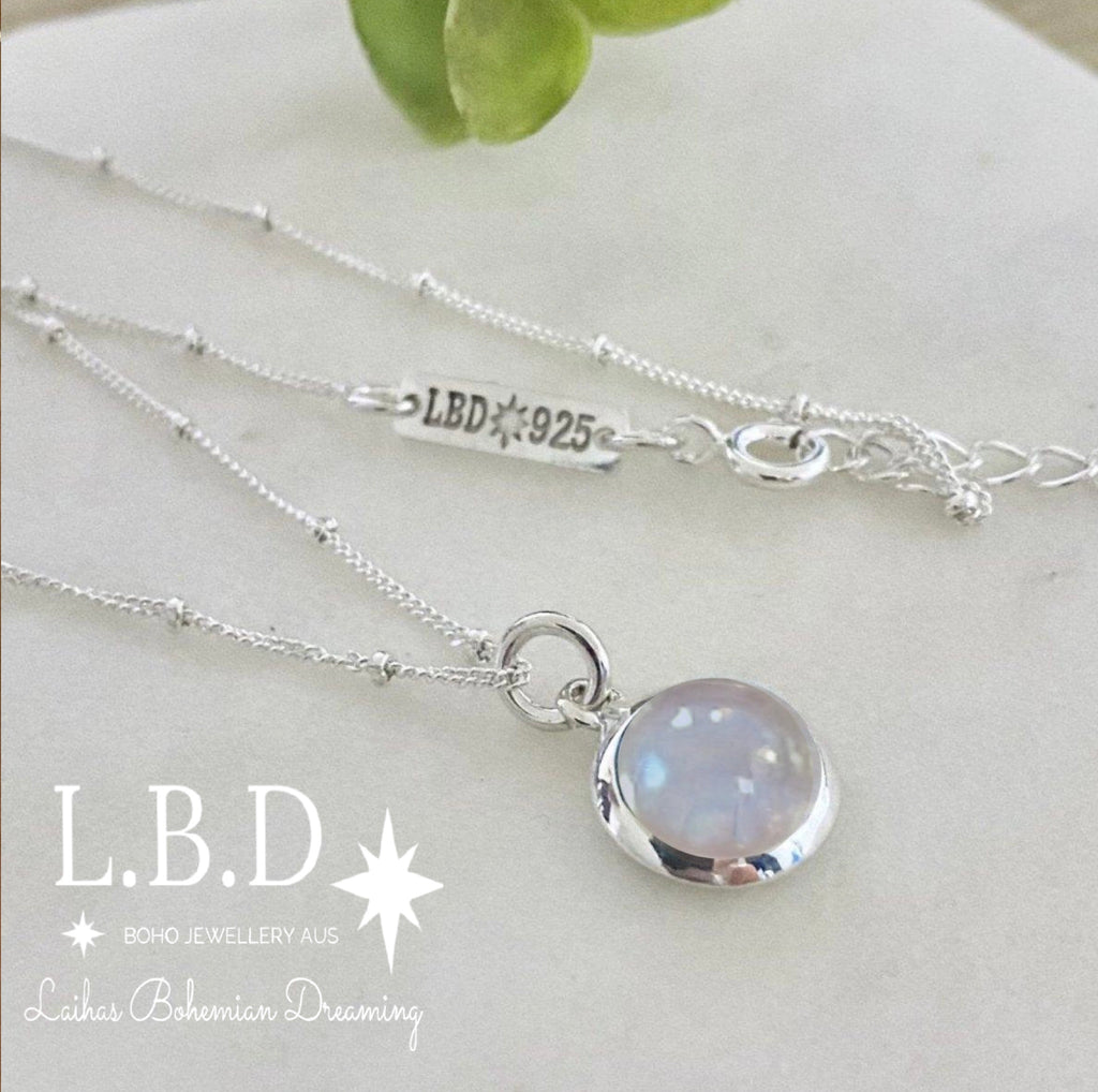 Moonstone Necklace- Laihas Mini Chic Round Moonstone Necklace Gemstone Sterling Silver necklace Laihas Bohemian Dreaming -L.B.D