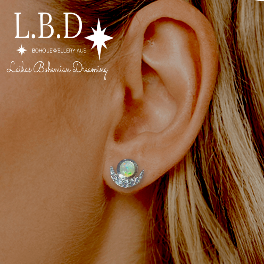 Laihas Luxury Crescent Moon Topaz and Opal Stud Earrings Gemstone Sterling Silver Earrings Laihas Bohemian Dreaming -L.B.D