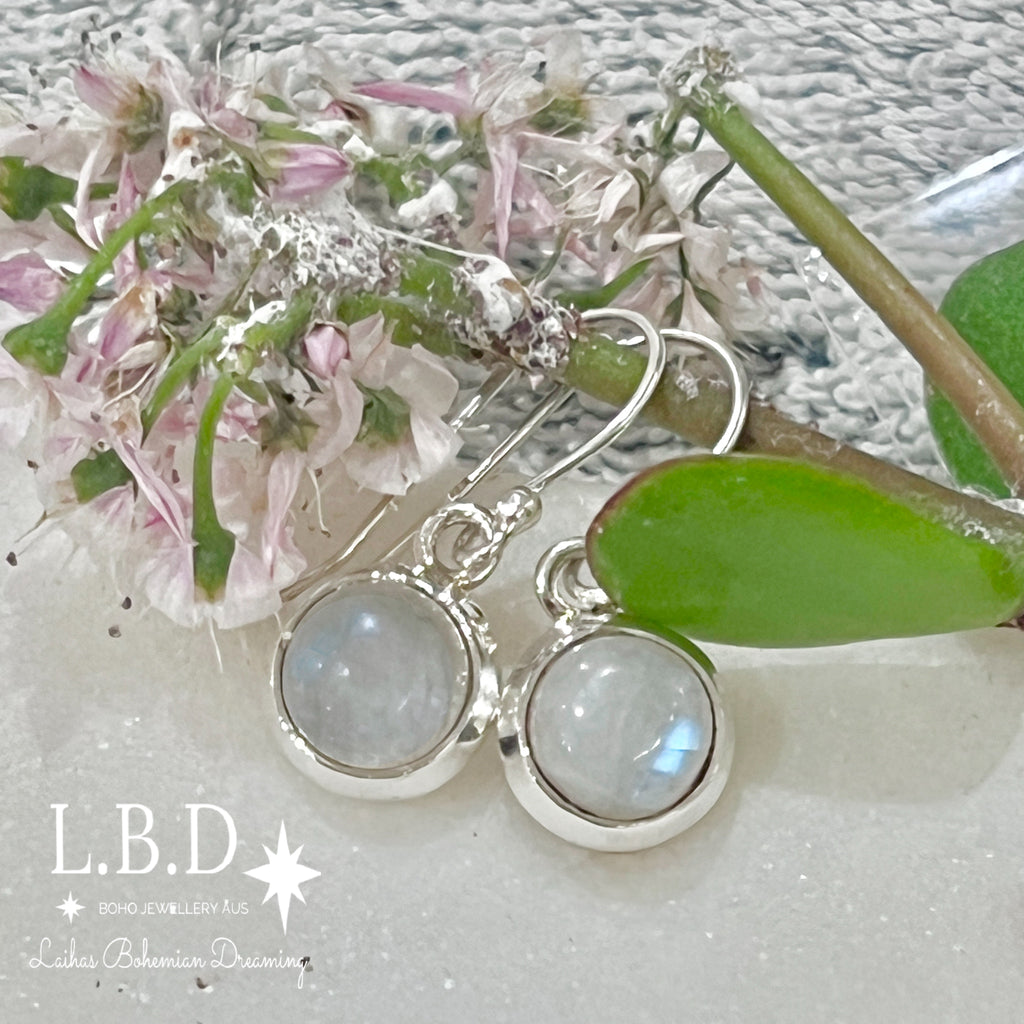 Laihas Classic Chic Small Round Moonstone Earrings Gemstone Sterling Silver Earrings Laihas Bohemian Dreaming -L.B.D