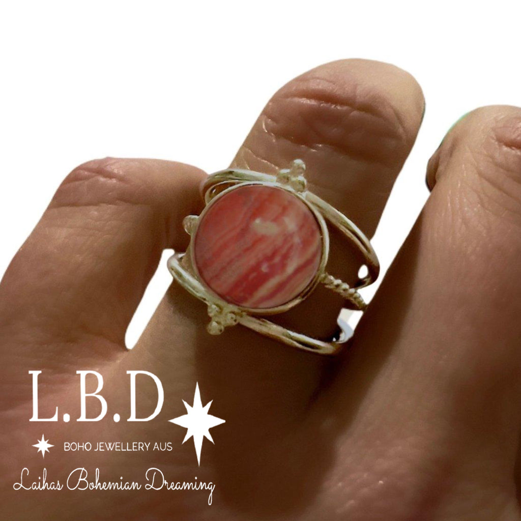 Laihas Free Spirit Rhodochrosite Ring Gemstone Sterling Silver Ring Laihas Bohemian Dreaming -L.B.D
