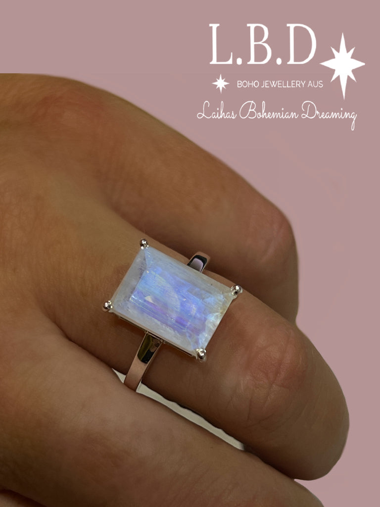 Laihas Miraculous Emerald Cut Crystal Moonstone Ring Gemstone Sterling Silver Ring Laihas Bohemian Dreaming -L.B.D