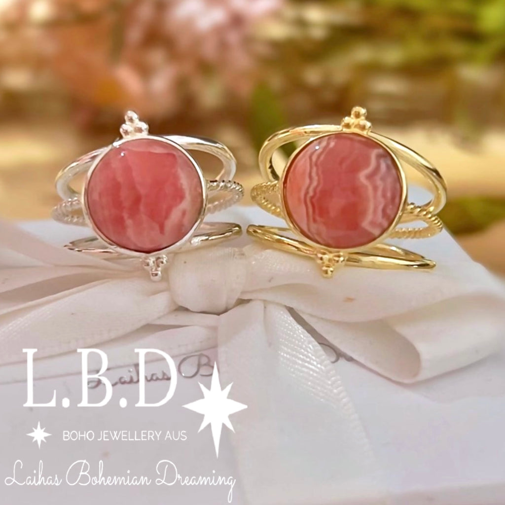 Laihas Free Spirit Gold Rhodochrosite Ring Gemstone Gold Ring Laihas Bohemian Dreaming -L.B.D