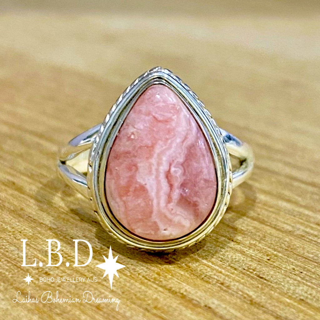 Laihas Twisted Teardrop Rhodochrosite Ring Gemstone Sterling Silver Ring Laihas Bohemian Dreaming -L.B.D