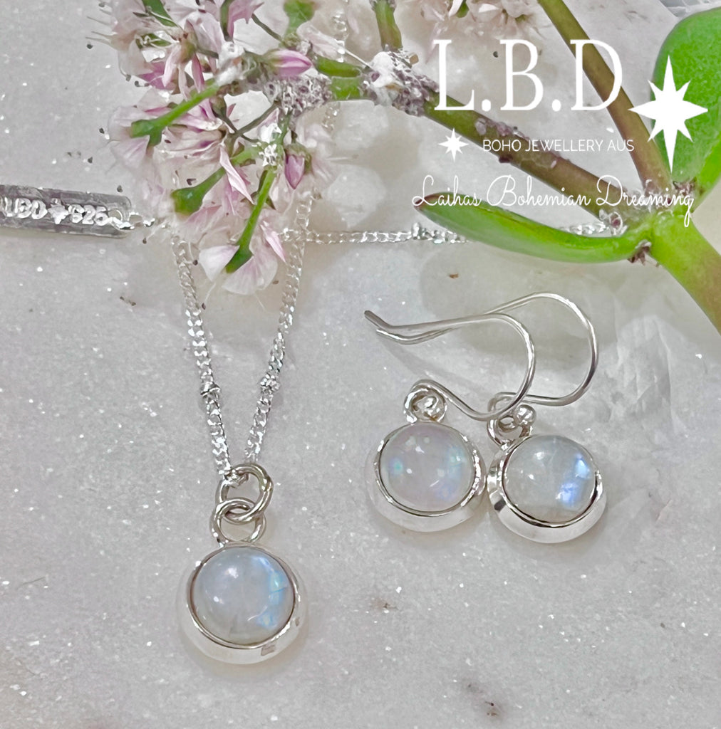Laihas Classic Chic Small Round Moonstone Earrings Gemstone Sterling Silver Earrings Laihas Bohemian Dreaming -L.B.D