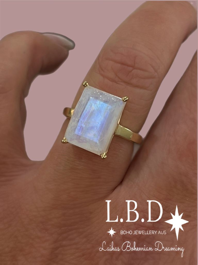 Laihas Miraculous Emerald Cut Crystal Gold Moonstone Ring Gemstone Gold Ring Laihas Bohemian Dreaming -L.B.D