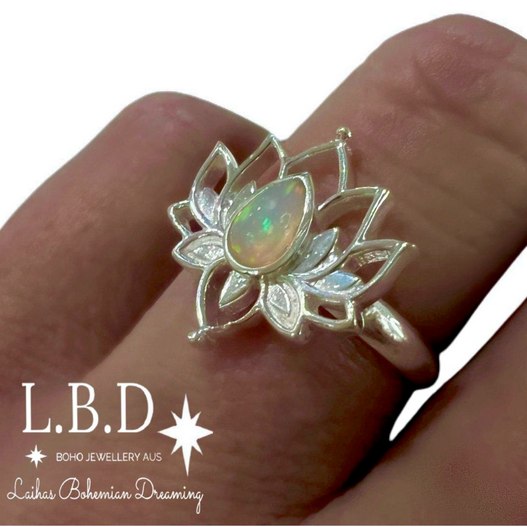 Laihas Opulent Lotus Flower Opal Ring Gemstone Sterling Silver Ring Laihas Bohemian Dreaming -L.B.D