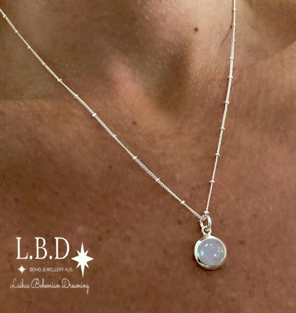 Moonstone Necklace- Laihas Mini Chic Round Moonstone Necklace Gemstone Sterling Silver necklace Laihas Bohemian Dreaming -L.B.D