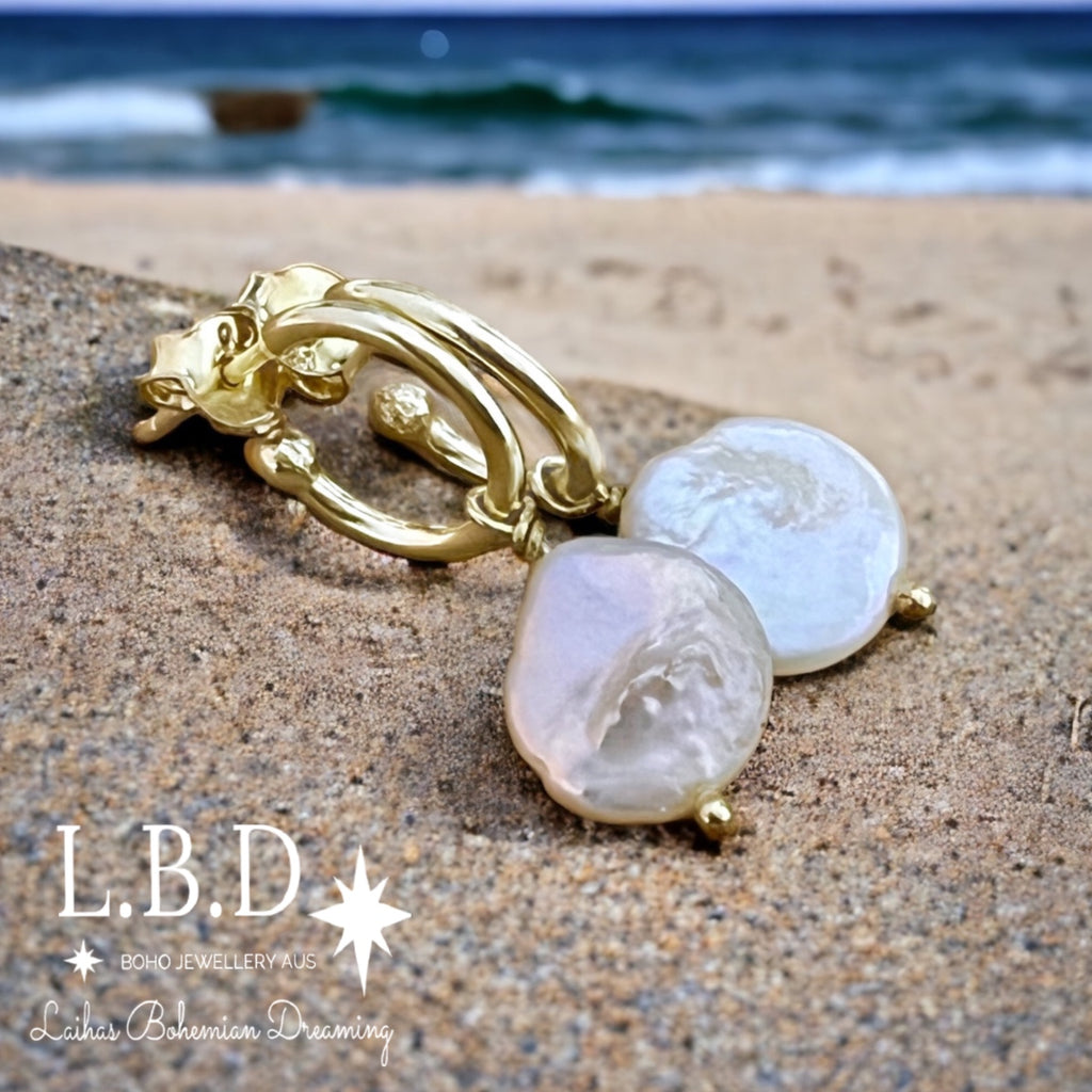 Laihas Classic Drop Button Gold Pearl Hoop Earrings Gold Gemstone earrings Laihas Bohemian Dreaming -L.B.D