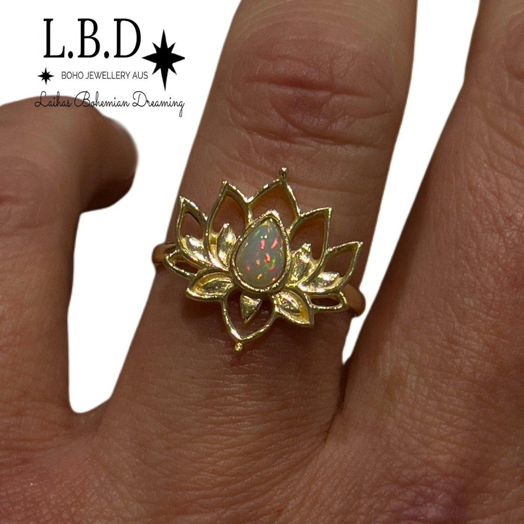 Genuine Opal Ring- Gold Opulent Lotus Flower Ring- -LBD Australia