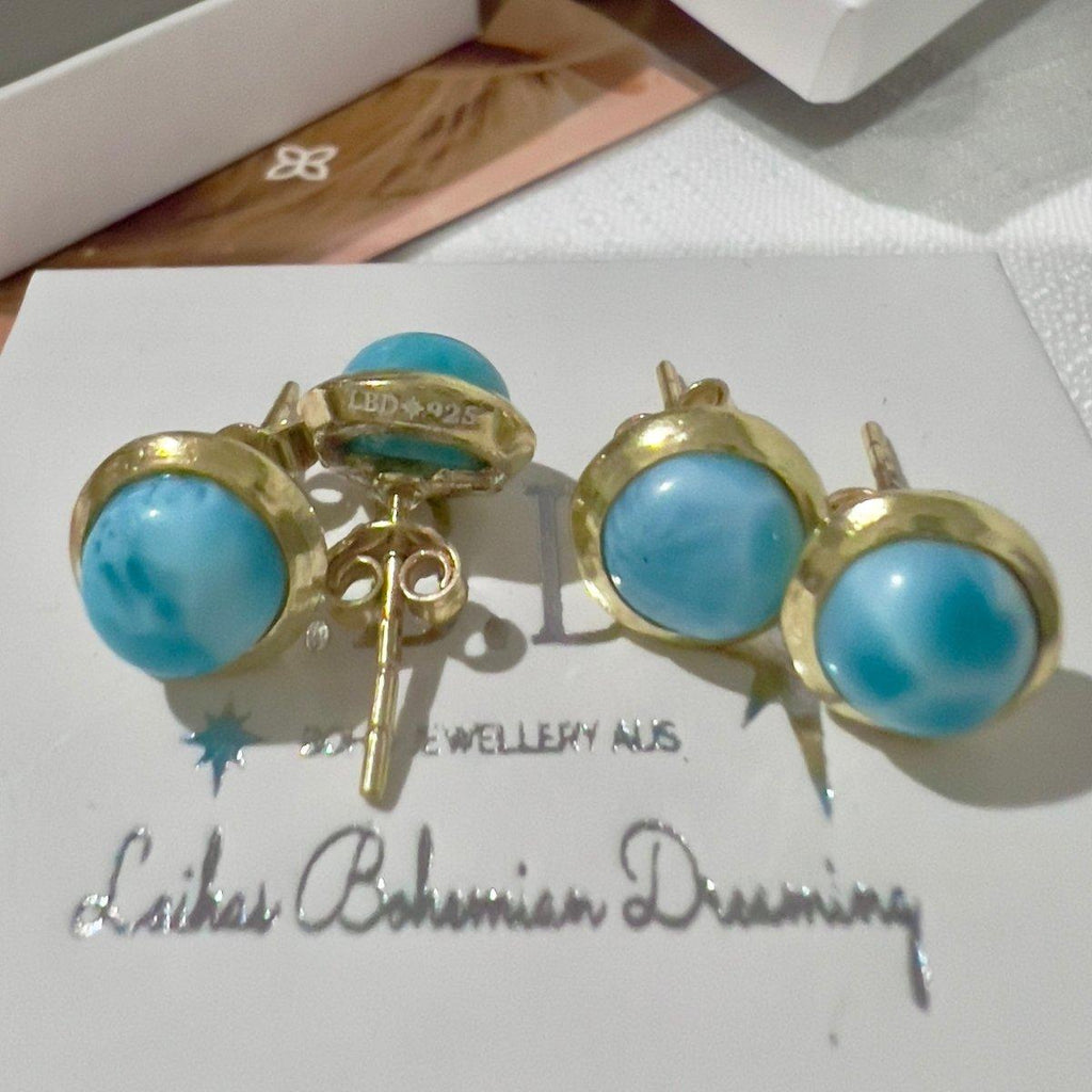 Gold Larimar Stud Earrings- Classic Chic Round -LBD Australia