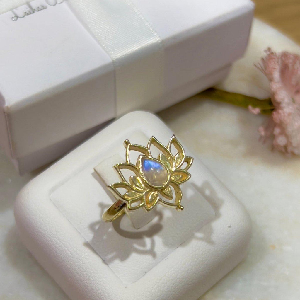 Gold Moonstone Ring- Opulent Lotus Flower Ring -LBD Australia