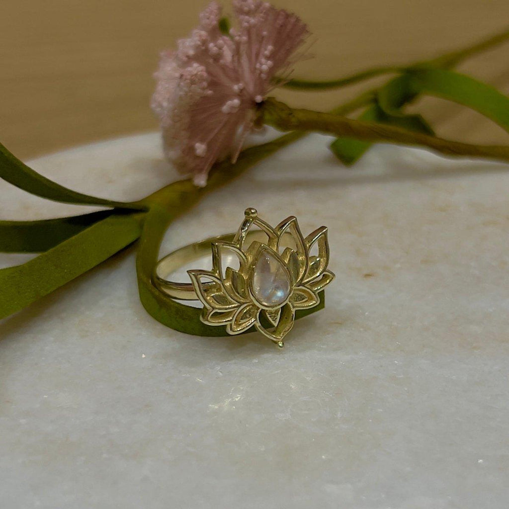 Gold Moonstone Ring- Opulent Lotus Flower Ring -LBD Australia