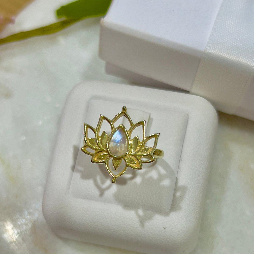 Gold Moonstone Ring- Opulent Lotus Flower Ring -LBD Australia