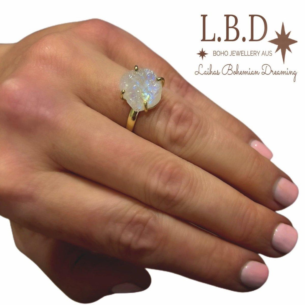 Gold Moonstone Ring -Raw Moonstone Crystal Ring L.B.D -LBD Australia
