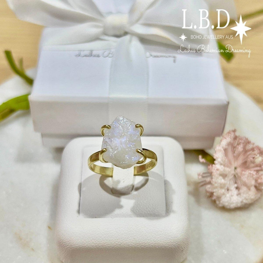 Gold Moonstone Ring -Raw Moonstone Crystal Ring L.B.D -LBD Australia