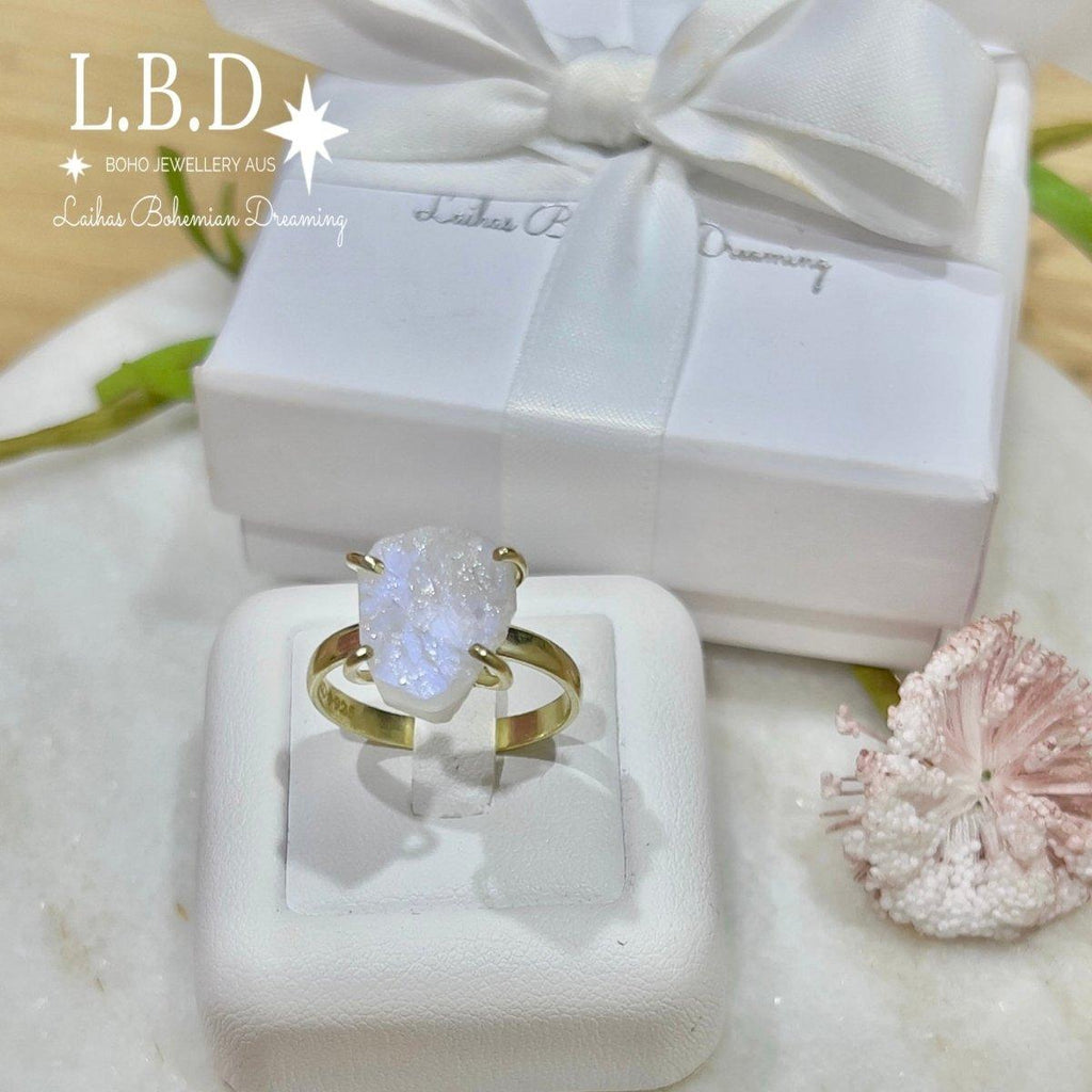 Gold Moonstone Ring -Raw Moonstone Crystal Ring L.B.D -LBD Australia