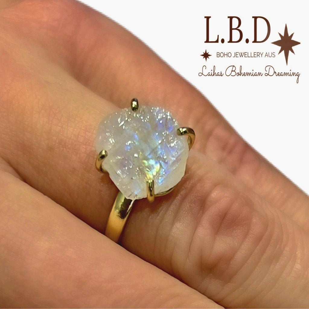 Gold Moonstone Ring -Raw Moonstone Crystal Ring L.B.D -LBD Australia