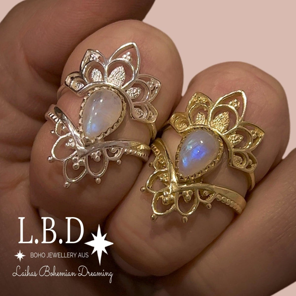 Gold Moonstone Ring Set- Gold Vermeil Daisly Boho Moonstone Ring -LBD Australia