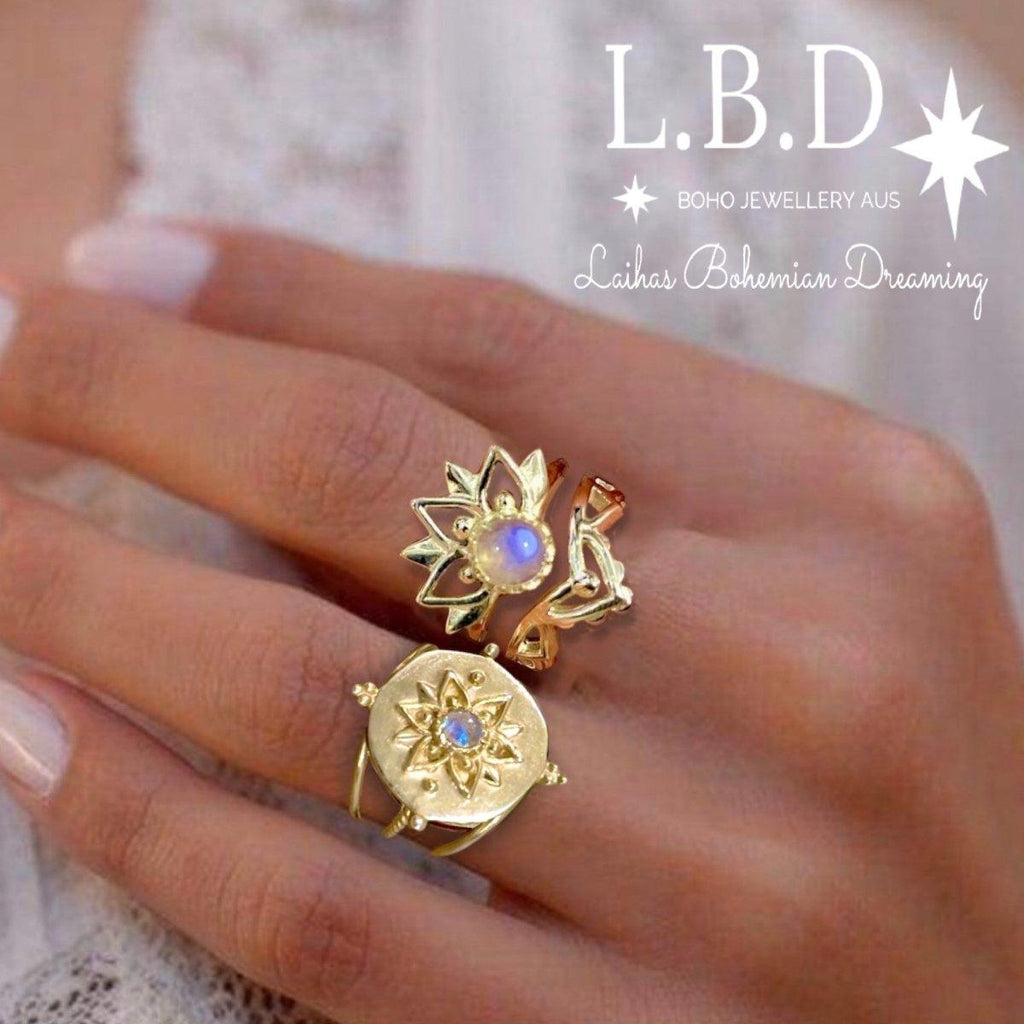 Gold Moonstone Ring Set- Inflorescence Gold Boho Ring -LBD Australia