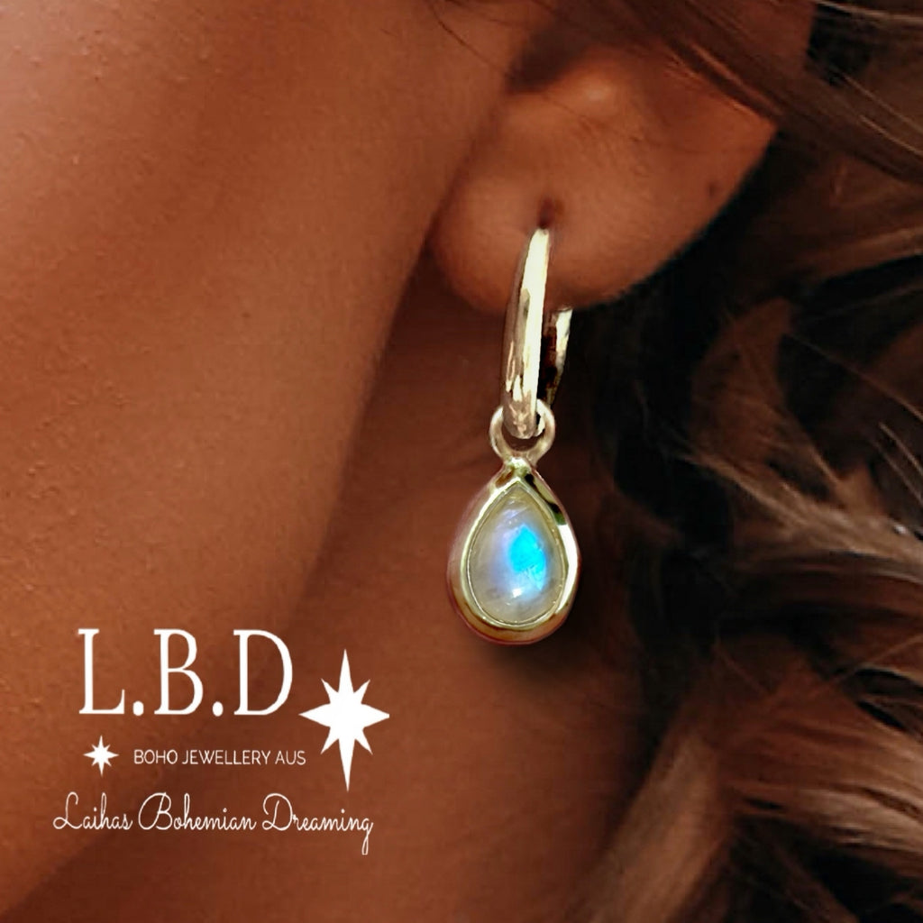 Laihas Classic Chic Raindrop Moonstone Hoop Earrings Gemstone Sterling Silver Earrings Laihas Bohemian Dreaming -L.B.D