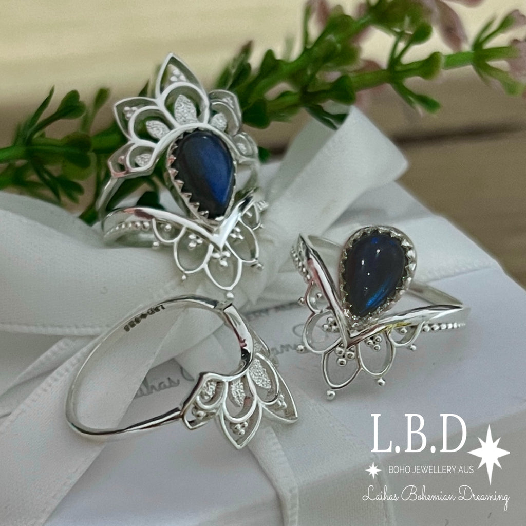 Laihas Daisly Boho Labradorite Ring Set Gemstone Sterling Silver Ring Laihas Bohemian Dreaming -L.B.D