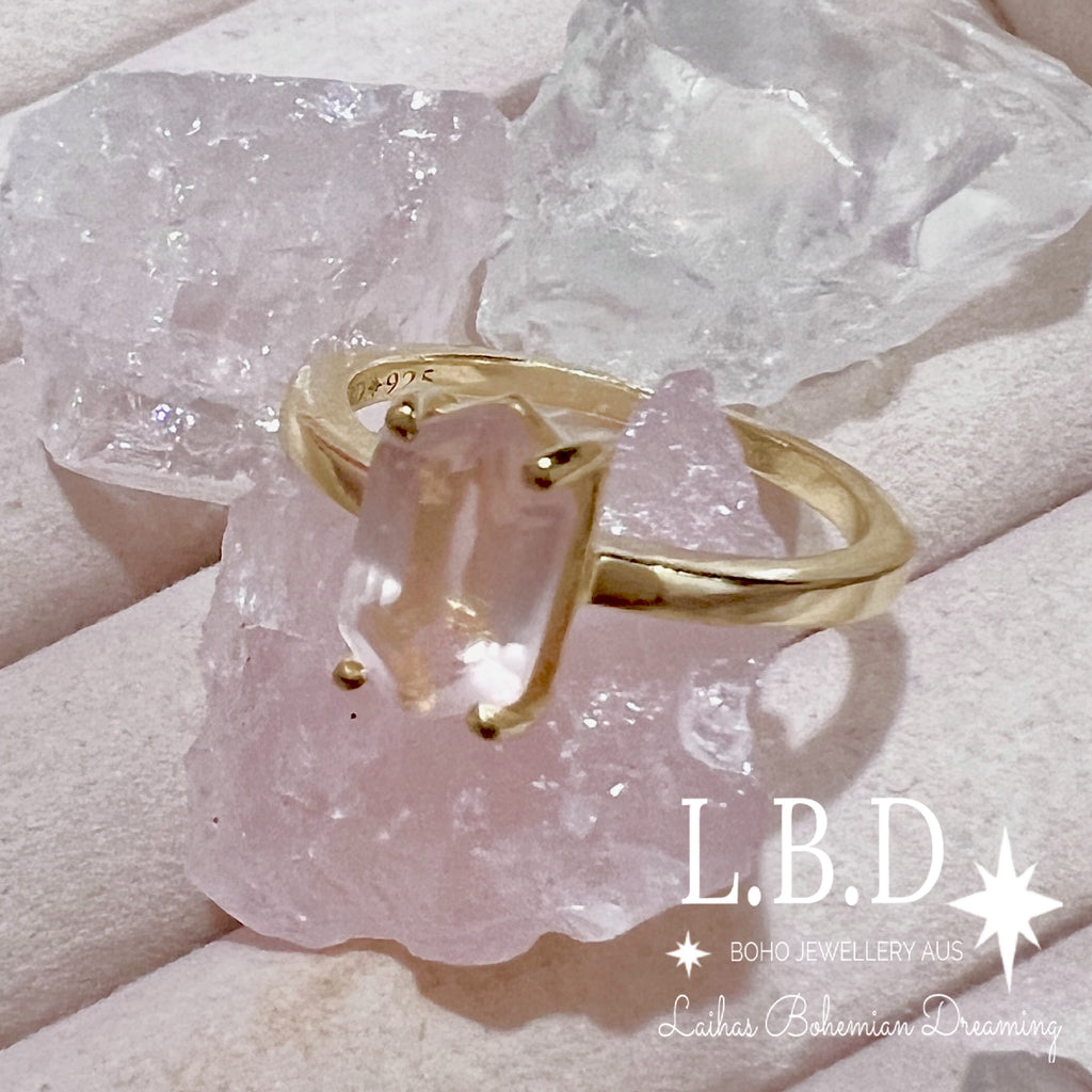 Laihas Gold Mini Hex Crystal Rose Quartz Ring Gemstone Gold Ring Laihas Bohemian Dreaming -L.B.D