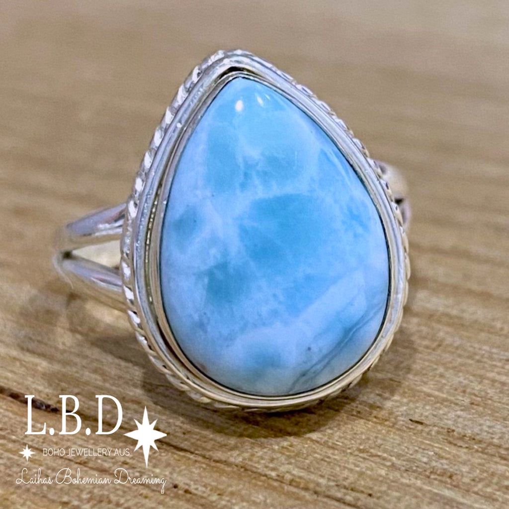 Larimar Ring- Laihas Twisted Raindrop Gemstone Sterling Silver Ring Laihas Bohemian Dreaming -L.B.D