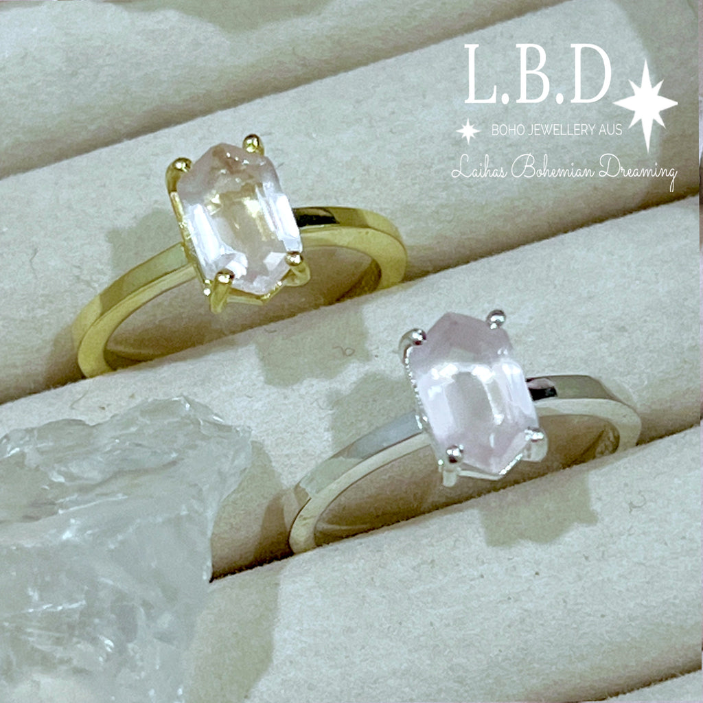 Laihas Mini Hex Crystal Rose Quartz Ring Gemstone Sterling Silver Ring Laihas Bohemian Dreaming -L.B.D