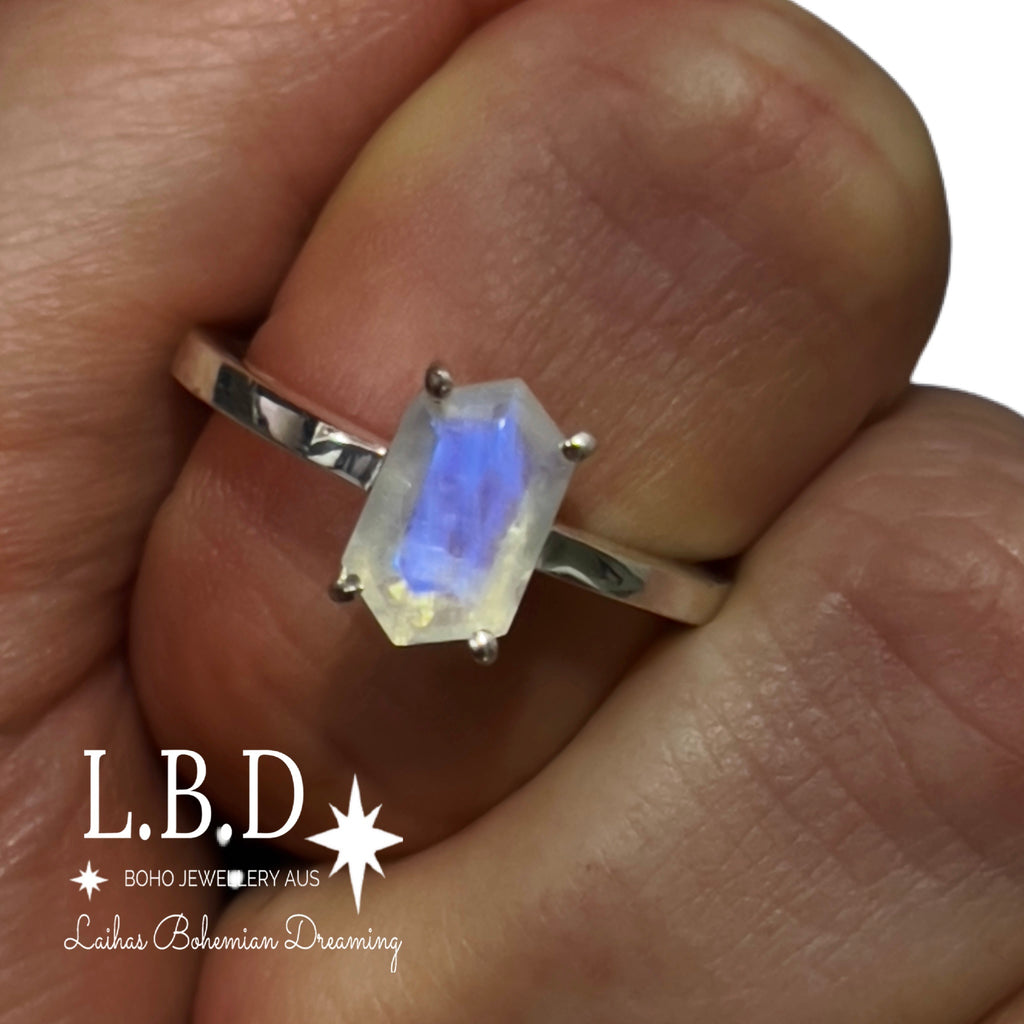 Laihas Mini Hex Crystal Moonstone Ring Gemstone Sterling Silver Ring Laihas Bohemian Dreaming -L.B.D