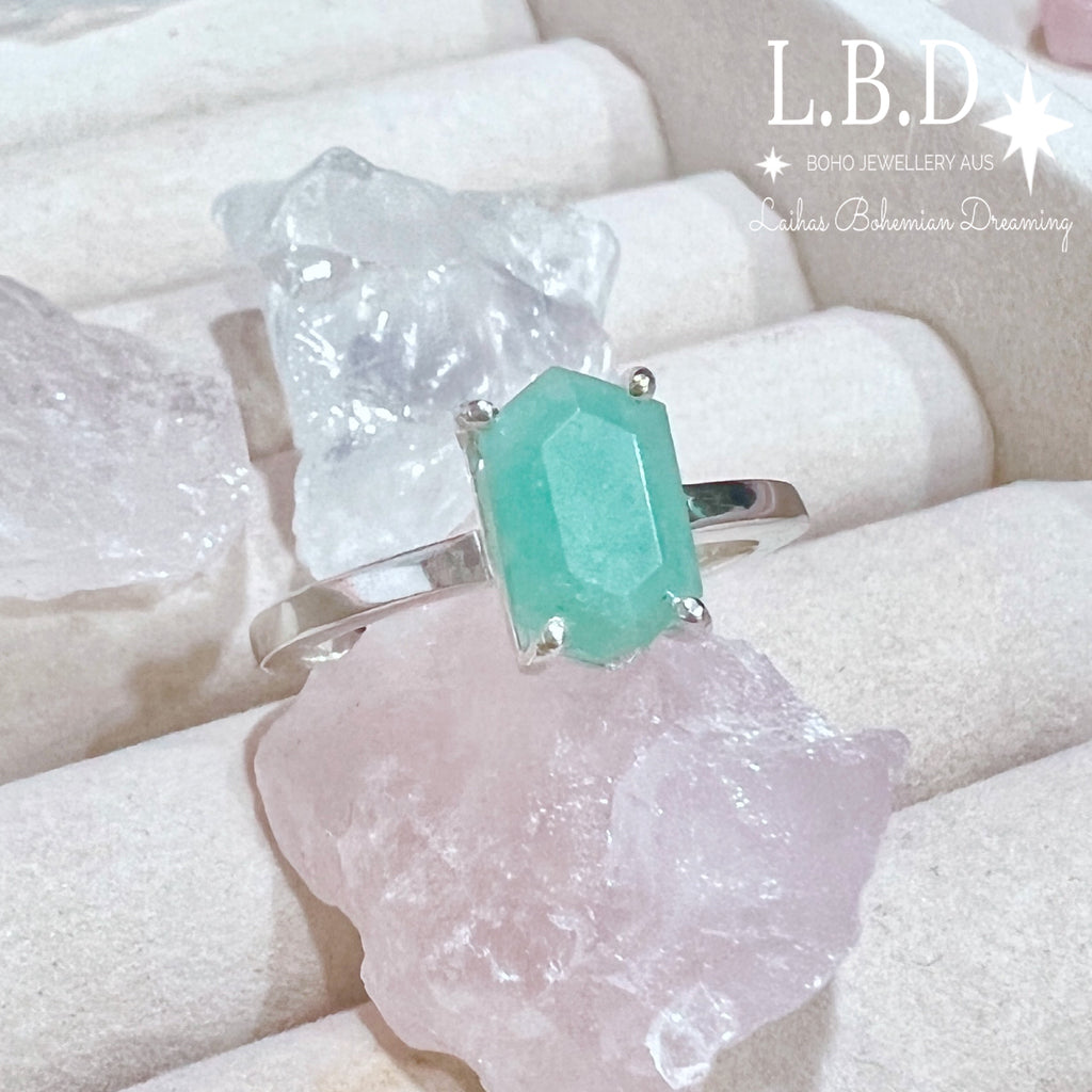 Laihas Mini Hex Crystal Amazonite Ring Gemstone Sterling Silver Ring Laihas Bohemian Dreaming -L.B.D