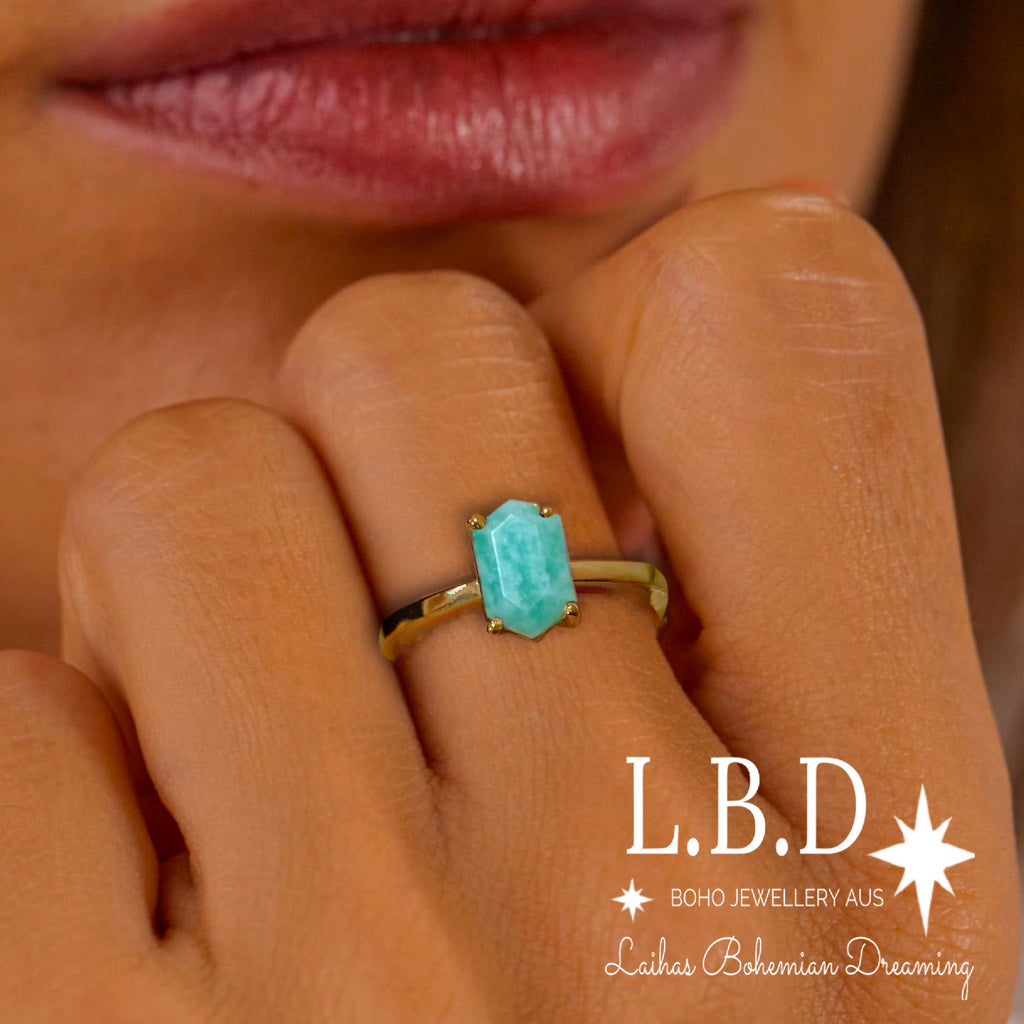 Laihas Gold Mini Hex Crystal Amazonite Ring Gemstone Gold Ring Laihas Bohemian Dreaming -L.B.D