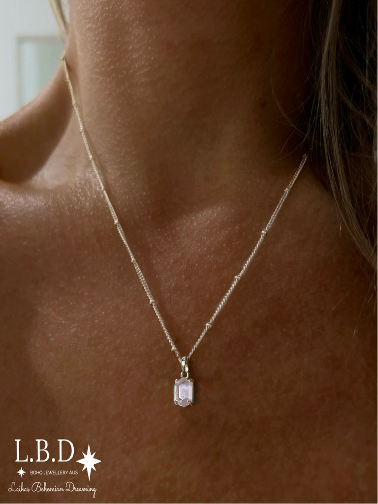Laihas Mini Hex Crystal Rose Quartz Necklace Gemstone Sterling Silver necklace Laihas Bohemian Dreaming -L.B.D
