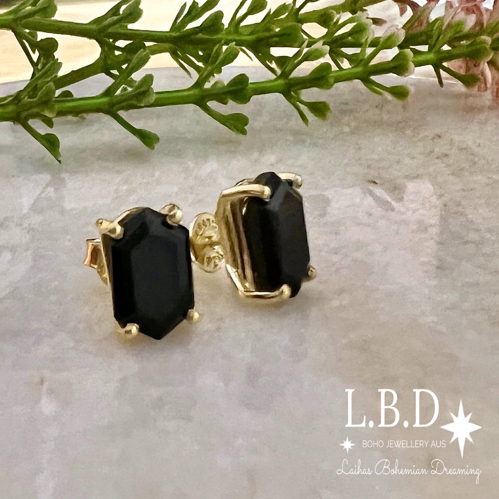 Laihas Hex Crystal Gold Onyx Stud Earrings Gold Gemstone earrings Laihas Bohemian Dreaming -L.B.D