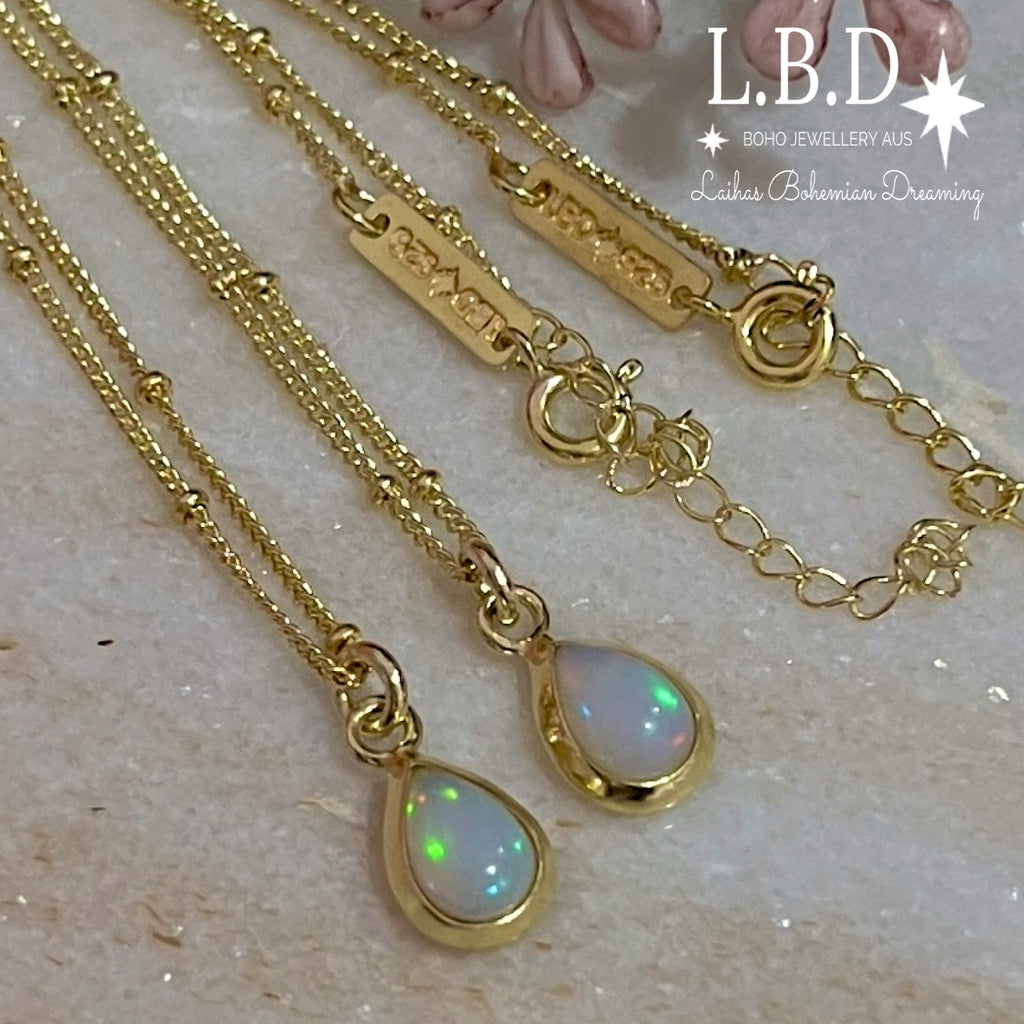 Laihas Classic Chic Raindrop Gold Opal Necklace Gold Gemstone Necklace Laihas Bohemian Dreaming -L.B.D