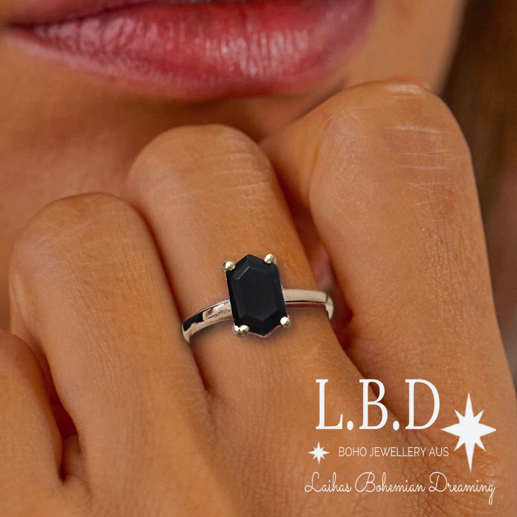 Laihas Mini Hex Crystal Onyx Ring Gemstone Sterling Silver Ring Laihas Bohemian Dreaming -L.B.D