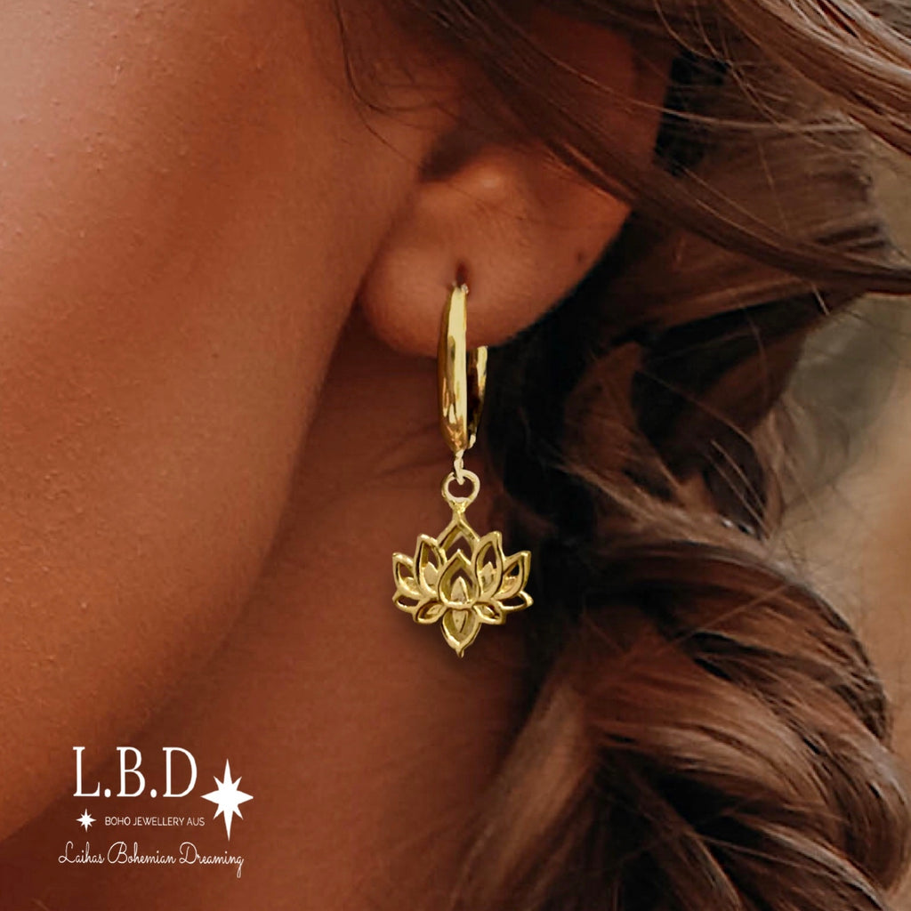 Laihas Boho Chic Lotus Flower Hoop Earrings- Gold Gold Earrings Laihas Bohemian Dreaming -L.B.D