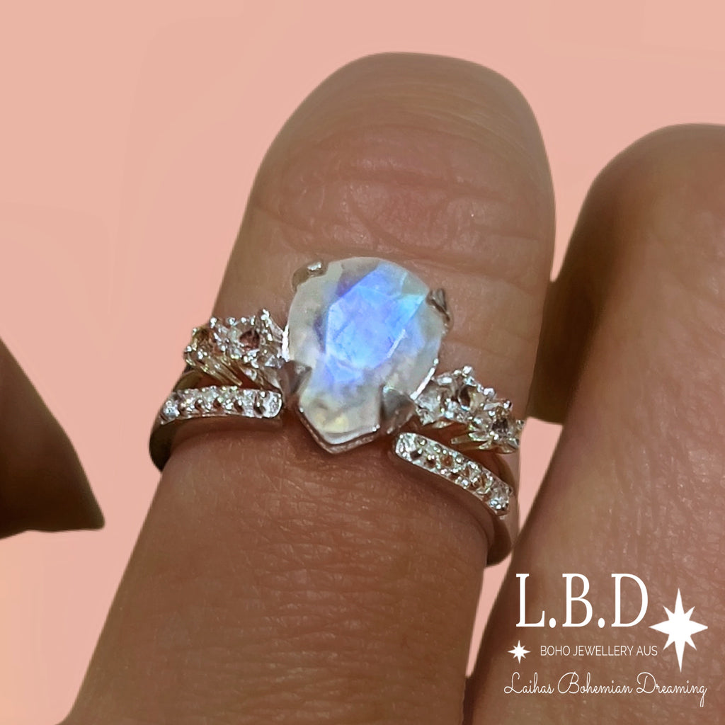 Moonstone Ring Set- Luxury Magical Moonstone and Topaz Ring Set Gemstone Sterling Silver Ring Laihas Bohemian Dreaming -L.B.D