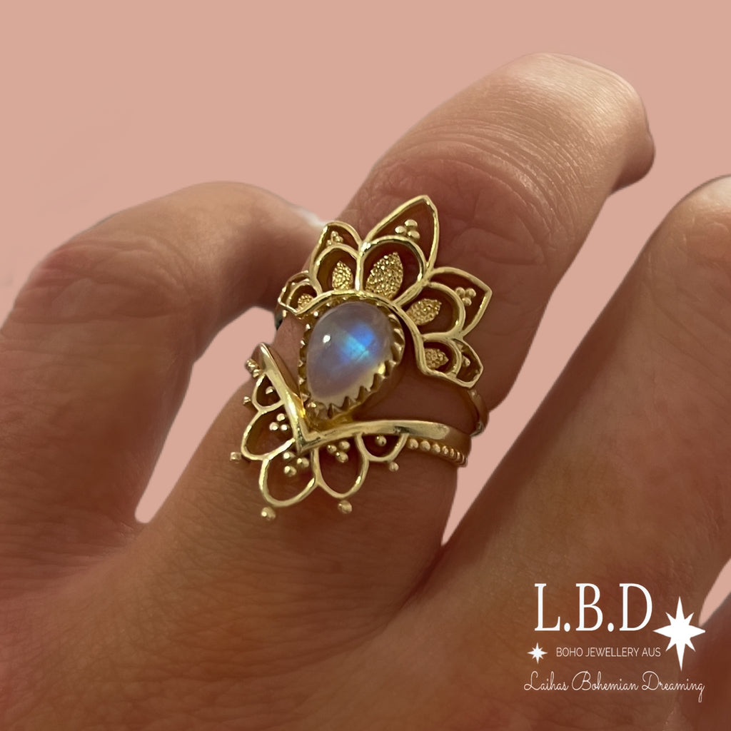 Gold Moonstone Ring Set- Gold Vermeil Daisly Boho Moonstone Ring Gemstone Gold Ring Laihas Bohemian Dreaming -L.B.D