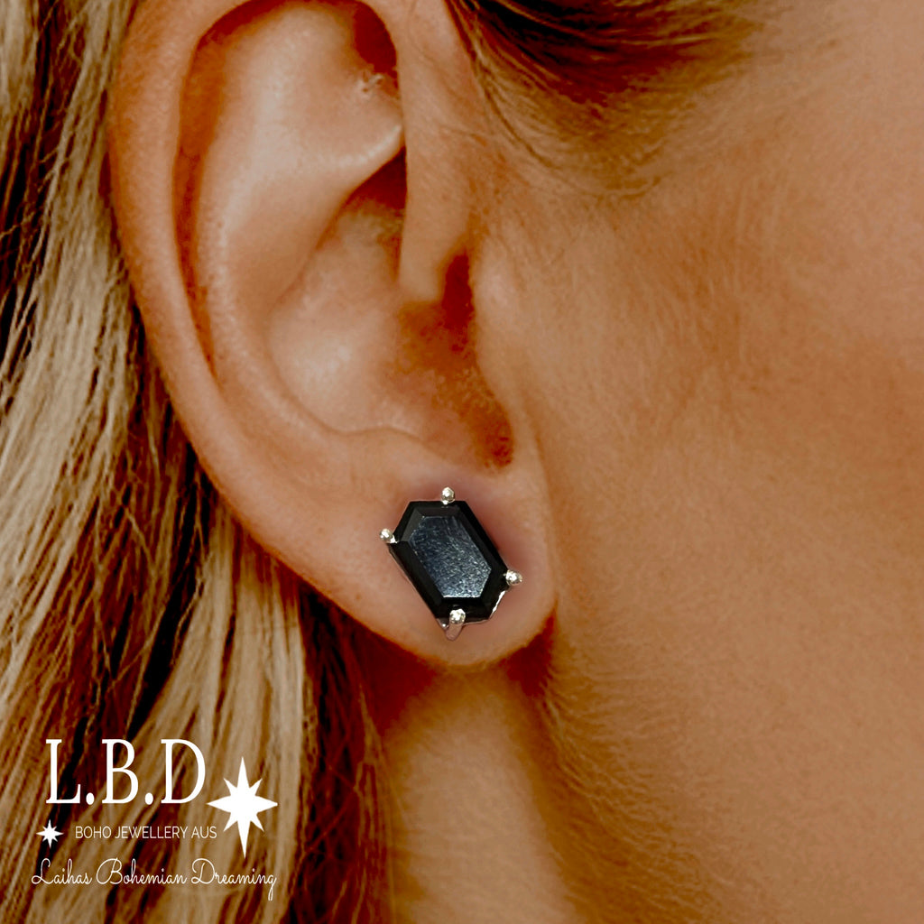 Laihas Hex Crystal Onyx Stud Earrings Gemstone Sterling Silver Earrings Laihas Bohemian Dreaming -L.B.D