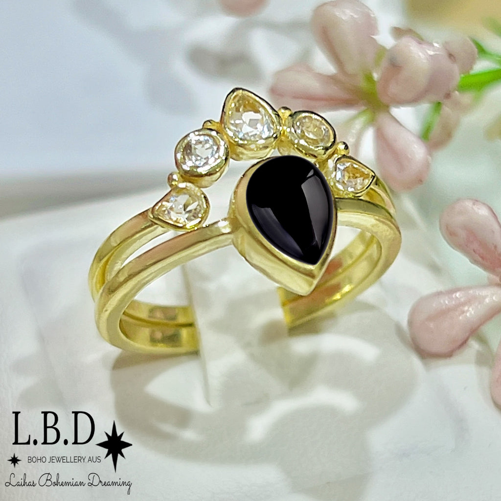 Laihas Queen Of Cups Gold Topaz and Onyx Ring Set Gold gemstone Ring Laihas Bohemian Dreaming -L.B.D