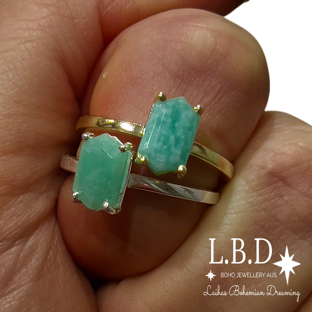 Laihas Mini Hex Crystal Amazonite Ring Gemstone Sterling Silver Ring Laihas Bohemian Dreaming -L.B.D